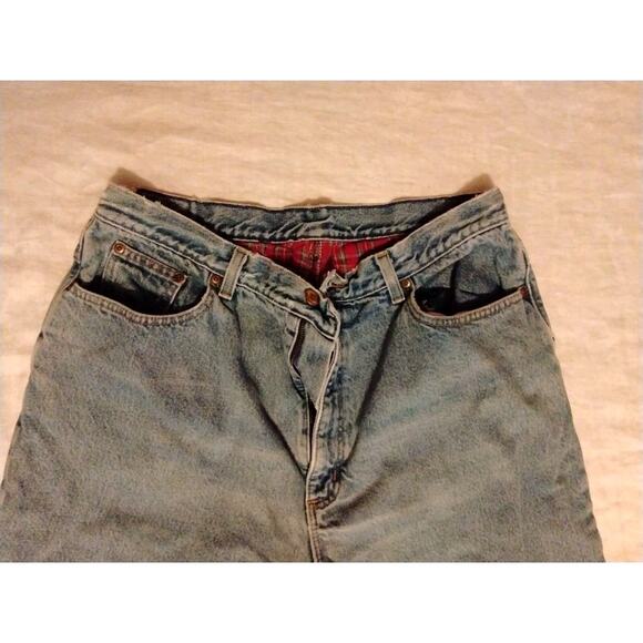 LL Bean WOMENS Double L Relaxed Fit Plaid Flannel Lined Denim Blue Jeans - Picture 2 of 10